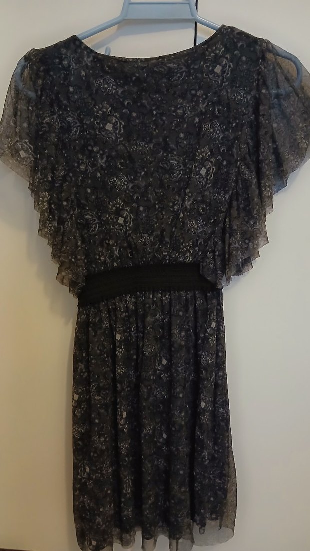 Siyah ,Tüllü , Yuvarlak Yakalı Mini Elbise - Görsel 2