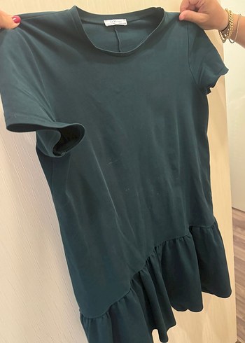 Zara Koyu Yeşil, Kısa Kollu, Fırfırlı Midi Elbise
