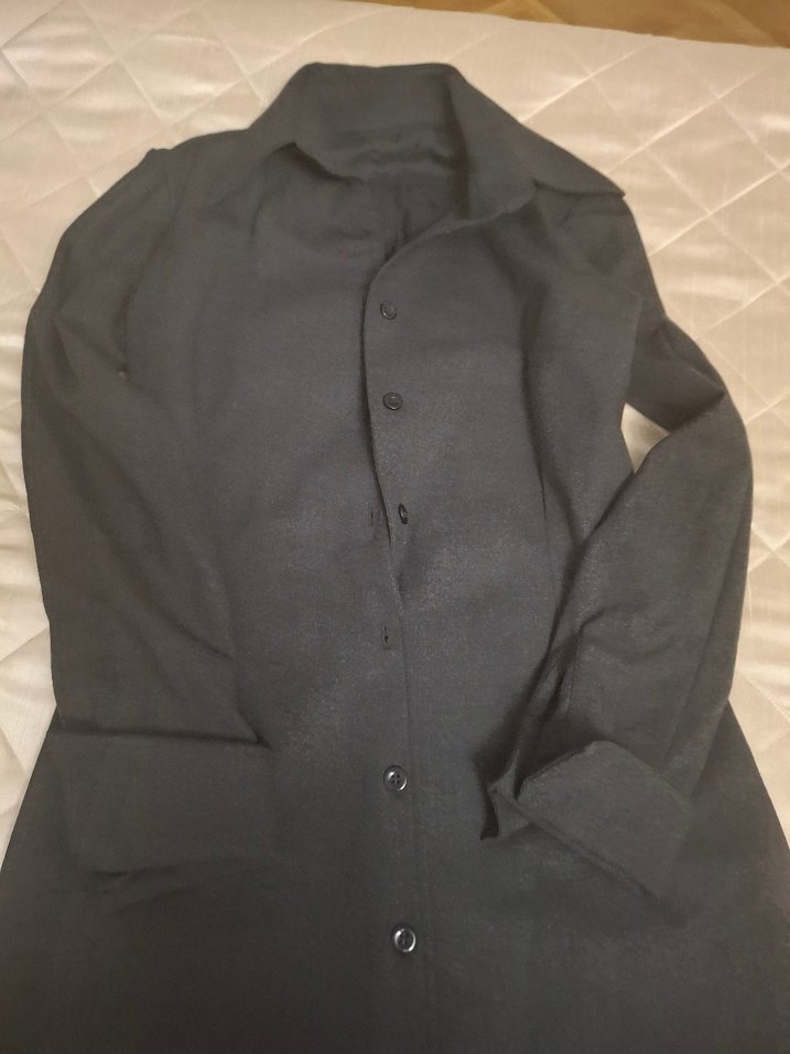 Düğmeli Uzun Gri Keten Kadın elbise - Görsel 4