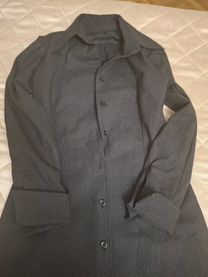 Düğmeli Uzun Gri Keten Kadın elbise - Görsel 3