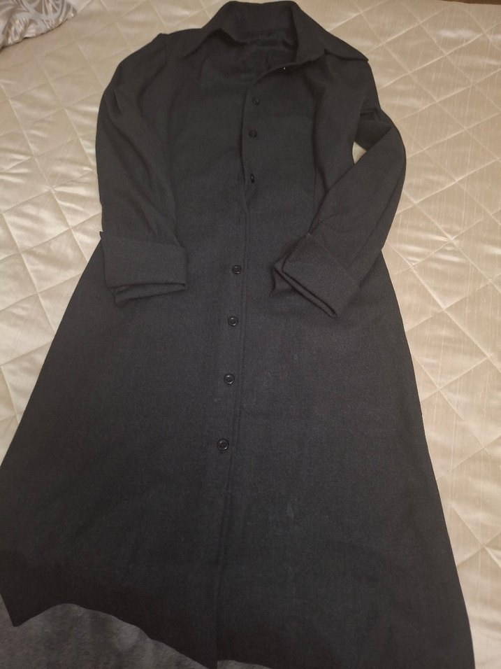 Düğmeli Uzun Gri Keten Kadın elbise - Görsel 2