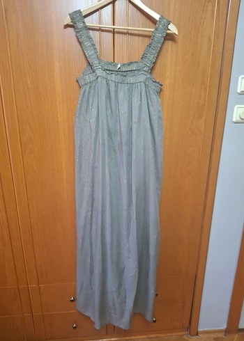 Gri Uzun Bohem Keten Elbise - Görsel 2