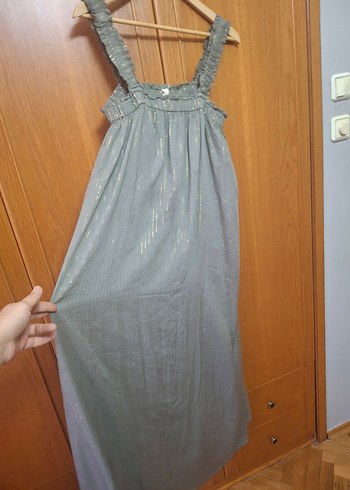 Gri Uzun Bohem Keten Elbise - Görsel 3