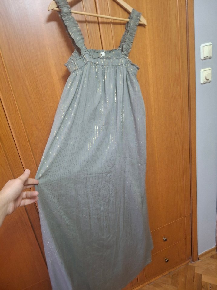 Gri Uzun Bohem Keten Elbise - Görsel 3