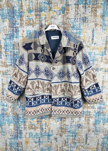 American Vintage Bohem Etnik Desenli Örgü Mavi Kısa vintage Ceketi
