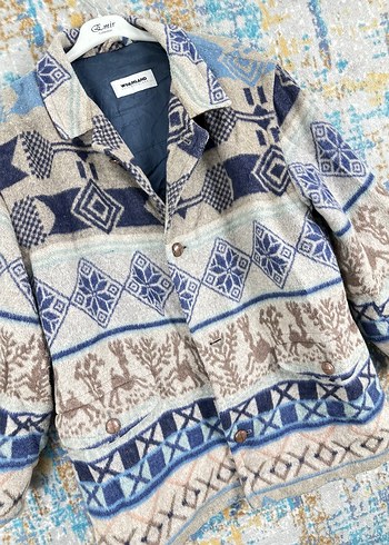 3xl Beden mavi Renk Bohem Etnik Desenli Örgü Mavi Kısa vintage Ceketi