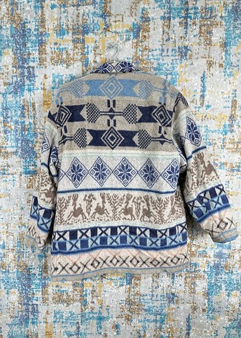 3xl Beden Bohem Etnik Desenli Örgü Mavi Kısa vintage Ceketi