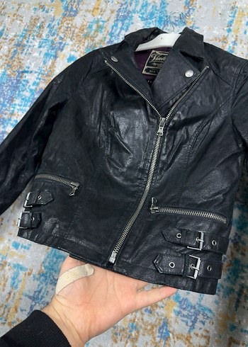 Vintage Siyah Deri Biker Ceket - Görsel 3