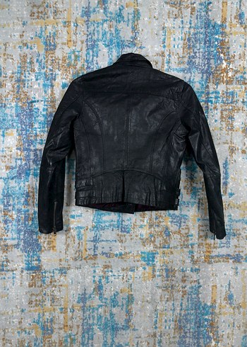 Vintage Siyah Deri Biker Ceket - Görsel 5