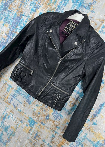 Vintage Siyah Deri Biker Ceket - Görsel 2