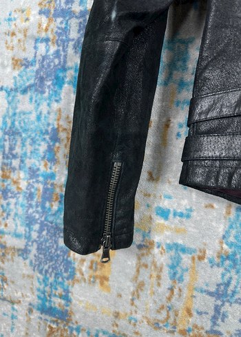 Vintage Siyah Deri Biker Ceket - Görsel 6