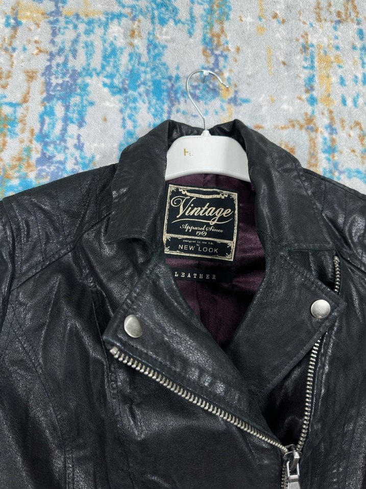 Vintage  Siyah Deri Biker Ceket - Görsel 4