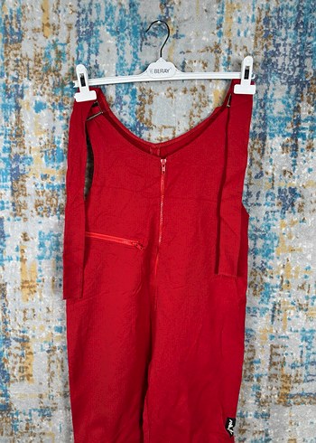 Kırmızı Parlak Keten Kadın Uzun Tulum - Görsel 3