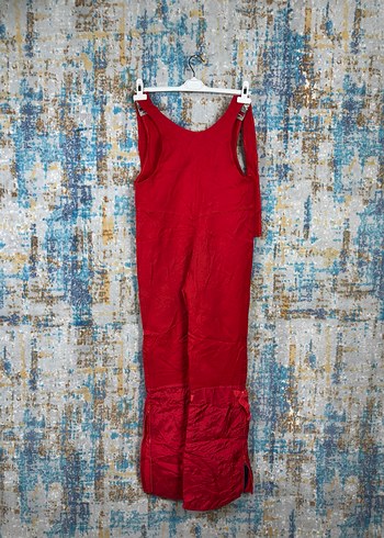 Kırmızı Parlak Keten Kadın Uzun Tulum - Görsel 4