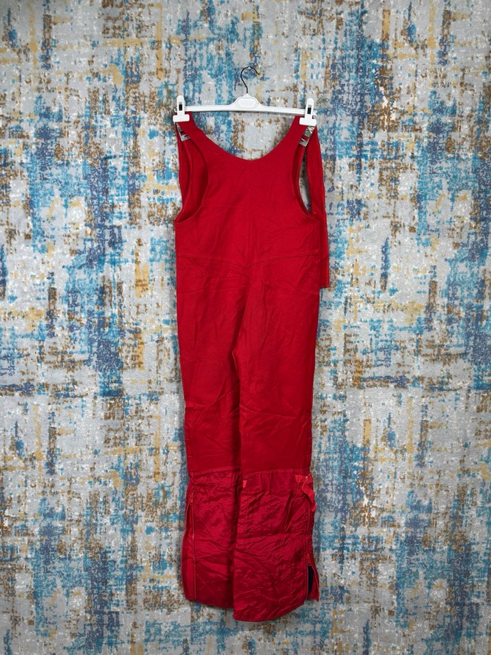 Kırmızı Parlak Keten Kadın Uzun Tulum - Görsel 4