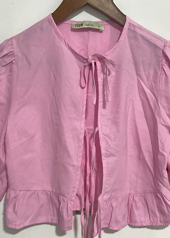 Pembe Keten V Yakalı Fırfırlı Kız Bluzu - Görsel 2