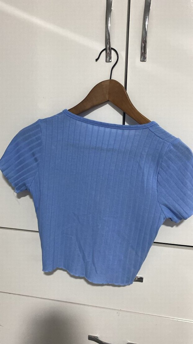 Mavi V Yakalı Kısa Kollu Triko Bluz - Görsel 2