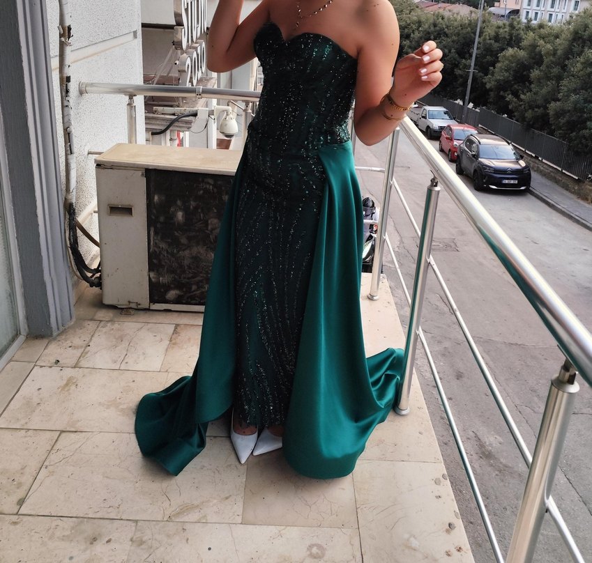 Turkuaz Drapeli Straplez Uzun Abiye Elbise-kınalık - Görsel 3