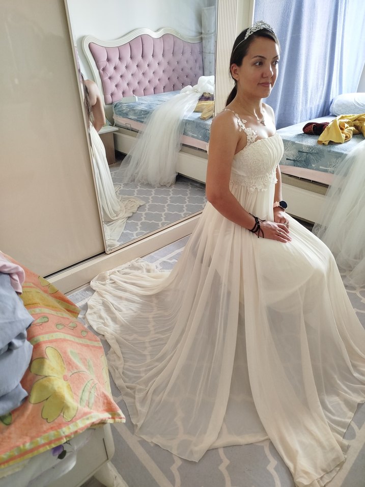 Straplez Midi Bohem Beyaz A Kesim Gelinlik - Görsel 3