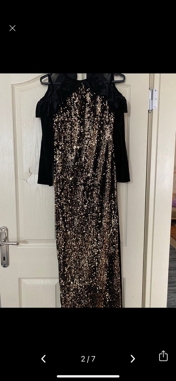 Siyah Parlak Pul Payetli Uzun Abiye Elbise - Görsel 2