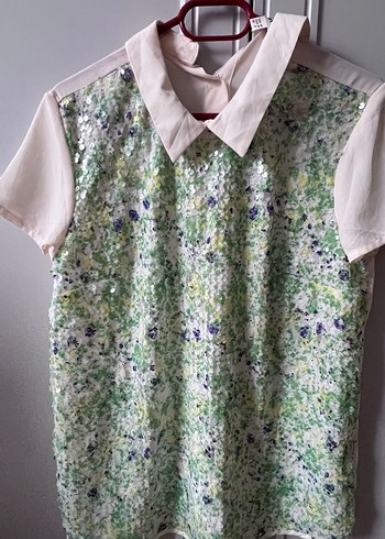 Payetli Yeşil Kısa Kollu Bluz - Görsel 2