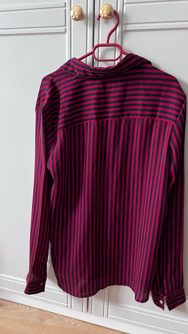 Bordo Siyah Çizgili Uzun Kollu Kadın Gömlek - Görsel 4
