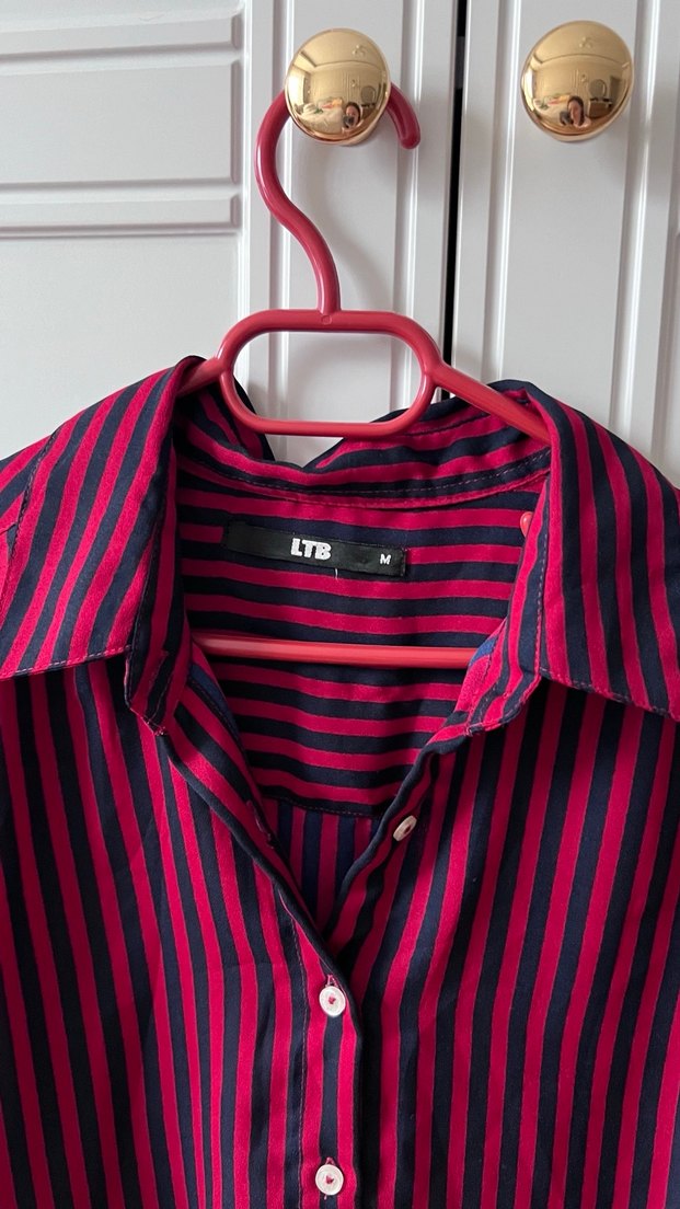 Bordo Siyah Çizgili Uzun Kollu Kadın Gömlek - Görsel 2