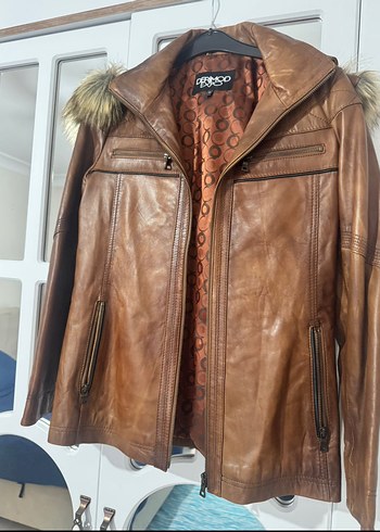 Hakiki Deri Kadın Kaban - Kürklü, Camel - Görsel 4