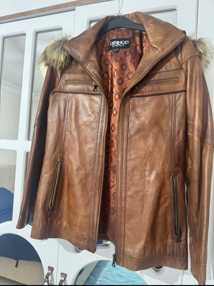 Hakiki Deri Kadın Kaban - Kürklü, Camel - Görsel 4