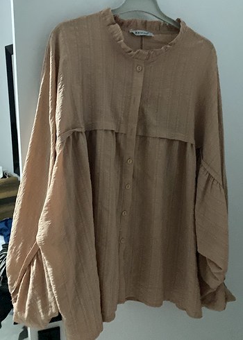 Bej Kadın Keten Salaş Uzun Kollu Gömlek takım - Görsel 2