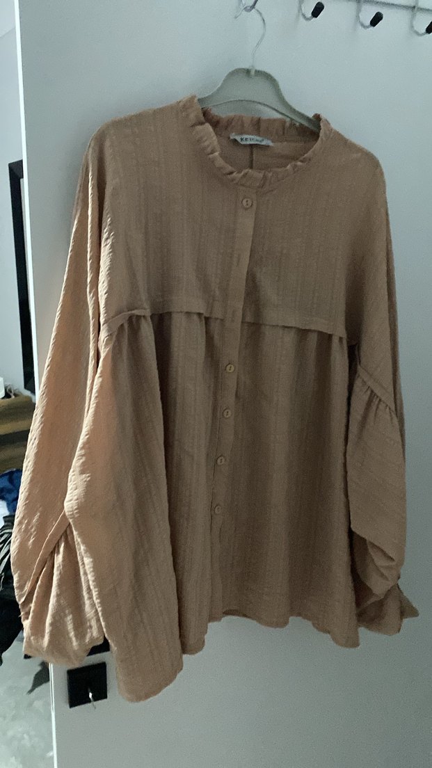 Bej Kadın Keten Salaş Uzun Kollu Gömlek takım - Görsel 2