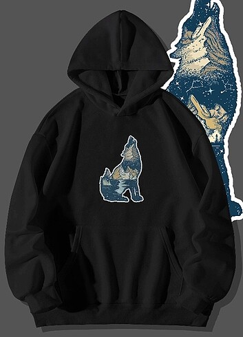 Galaxy Wolf Baskılı Kapüşonlu Sweatshirt 