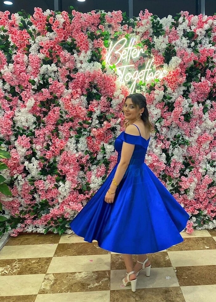 Saks mavisi saten elbise - Görsel 3