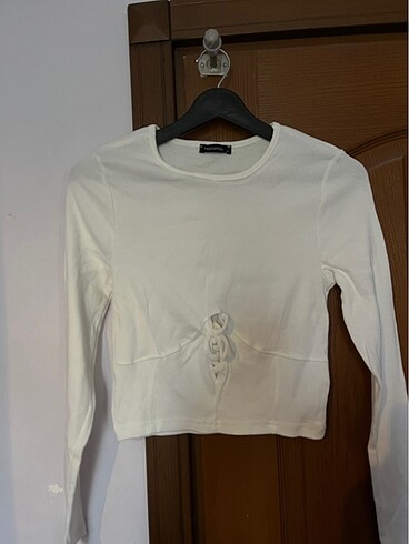 Beyaz fitilli crop örme bluz