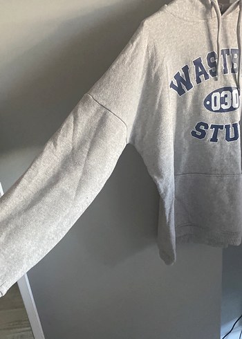 s Beden gri Renk Gri Kapüşonlu Baskılı Oversize Sweatshirt