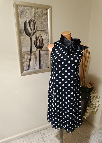 Puantiye Desenli Siyah Midi Elbise - Görsel 8