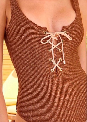 Bağlama Detaylı Simli Kahverengi Mayo - Görsel 4