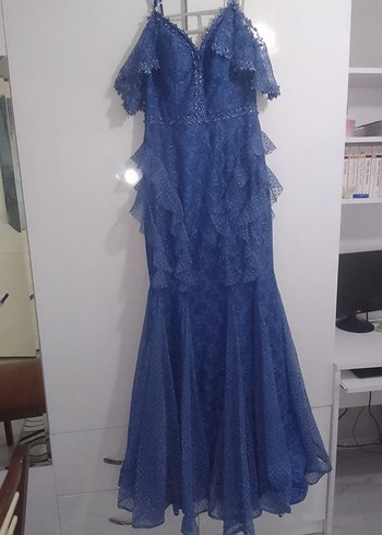 Lacivert Fırfırlı Uzun Abiye Elbise - Görsel 2