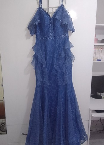 Lacivert Fırfırlı Uzun Abiye Elbise - Görsel 3