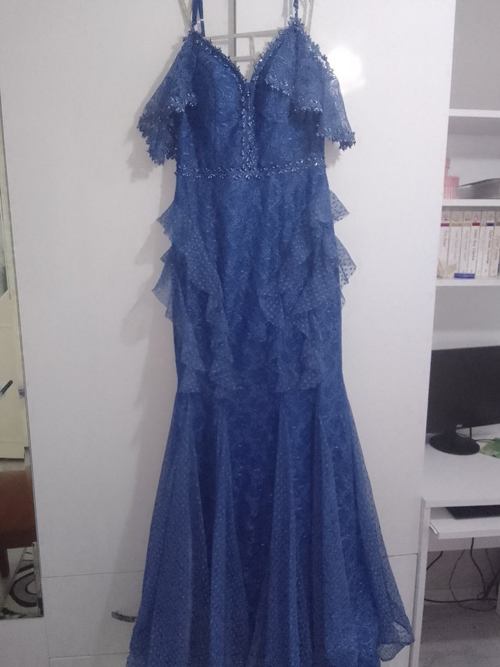 Lacivert Fırfırlı Uzun Abiye Elbise - Görsel 3