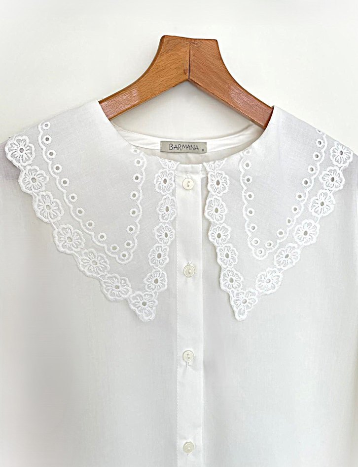 Dantel yaka ekru kadın gömlek - Görsel 2