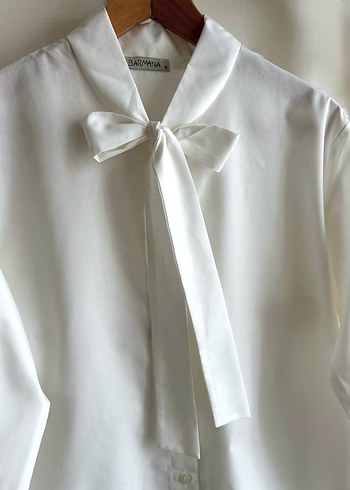 Fular yaka ekru renk kadın gömlek - Görsel 4