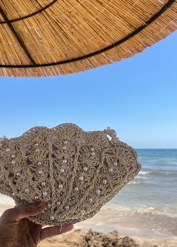 Bej Dantel Detaylı Örgü Bohem Kadın Çanta el yapımı incili astar