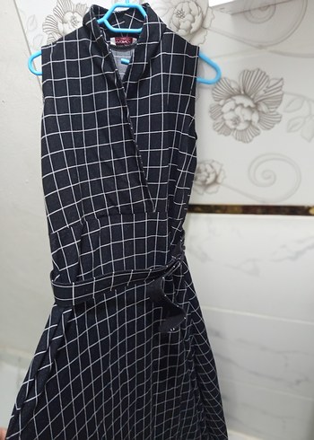 Kemerli Siyah Kareli Uzun Elbise - Görsel 2