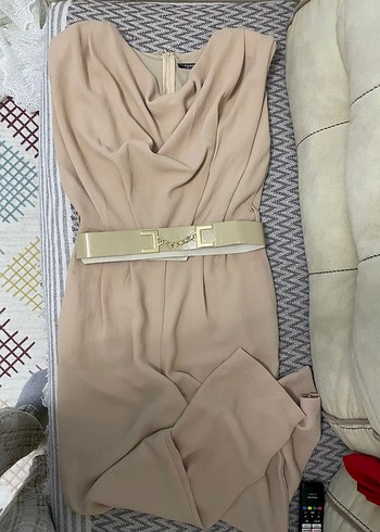 40 Beden Bej Kadın Uzun Tulum Kemerli Strappy