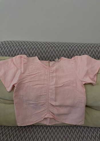 LC Waikiki Pembe Keten V Yaka Kısa Kollu Bluz