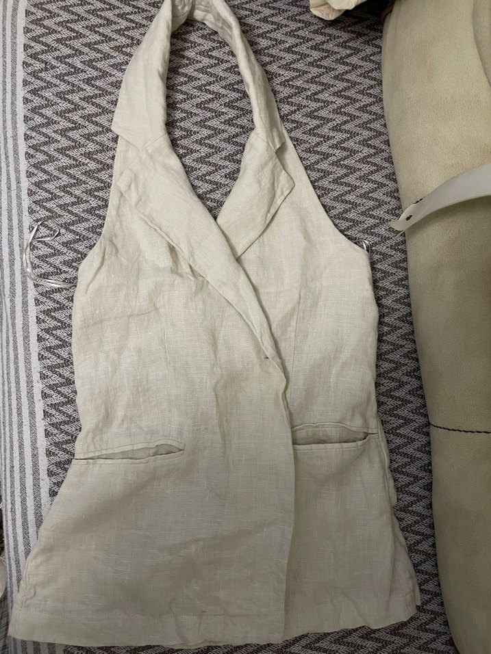 Keten Kumaşlı Bej Halter Yaka Kadın Yelek - Görsel 2
