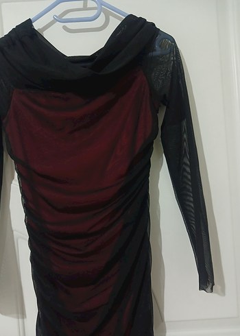 Zara Bordo Drapeli Uzun Kollu Gotik Elbise