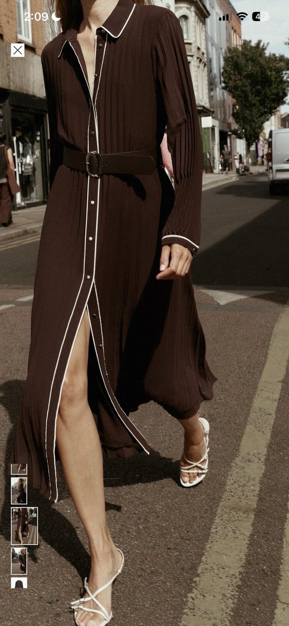 Zara Kahverengi kemerli Uzun plise Elbise - Görsel 3
