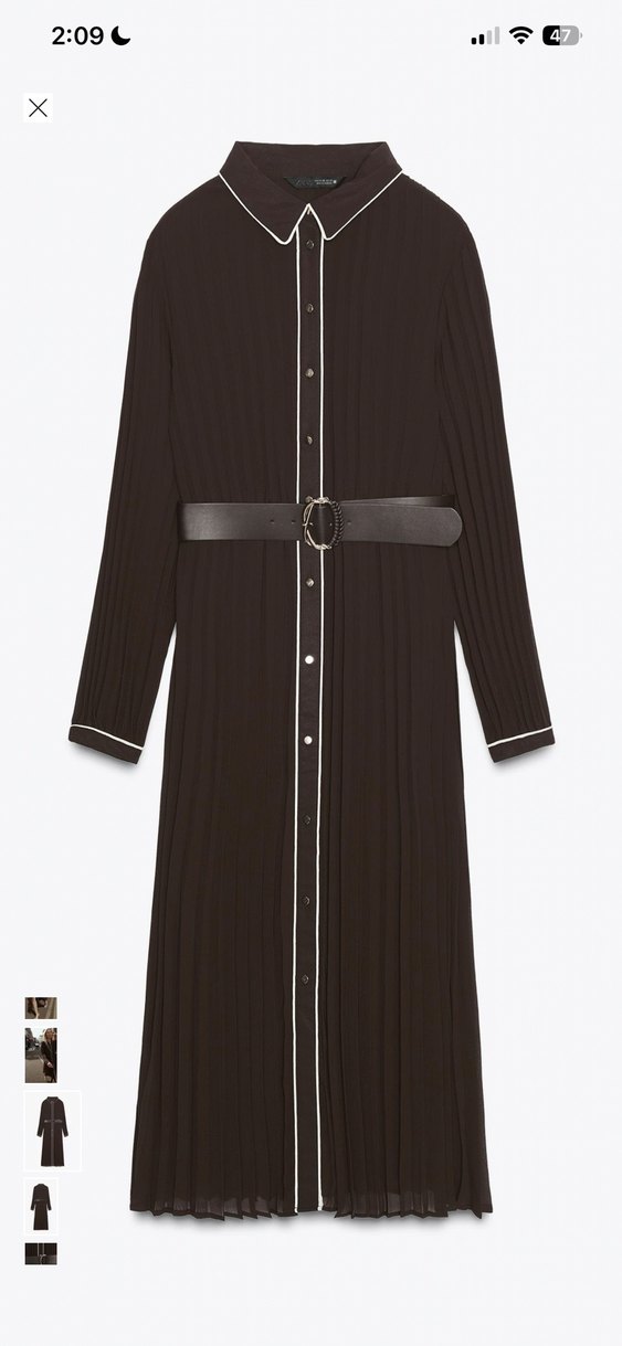 Zara Kahverengi kemerli Uzun plise Elbise - Görsel 2